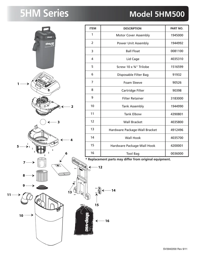 Shop-Vac Parts List for 5HM500 Models (5 Gallon* Red / Black Wall Mount Vac)