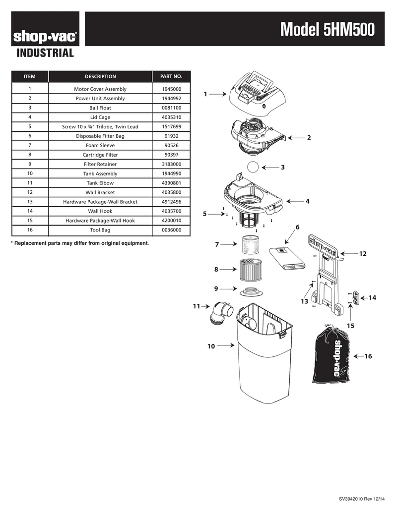 Shop-Vac Parts List for 5HM500 Models (5 Gallon* Yellow / Black Wall Mount Industrial Vac)