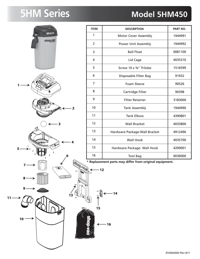 Shop-Vac Parts List for 5HM450 Models (5 Gallon* Yellow / Black Wall Mount Vac)
