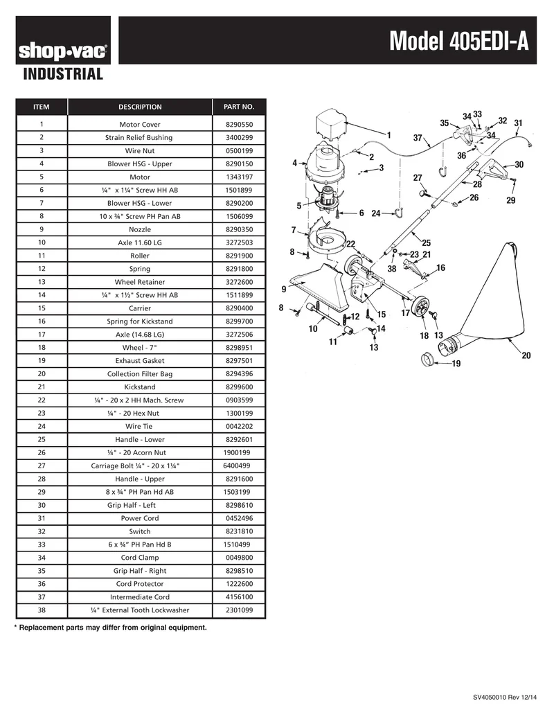 Shop-Vac Parts List for 405EDI-A Models (Industrial Shop Sweeper)