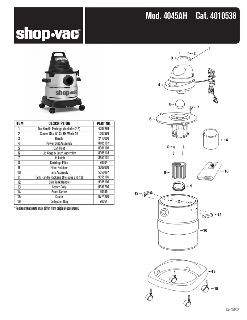 Shop-Vac Parts List for 4045AH Models (Shop-Vac 5 Gallon* 4.5 Peak HP** Wet/Dry Vacuum)