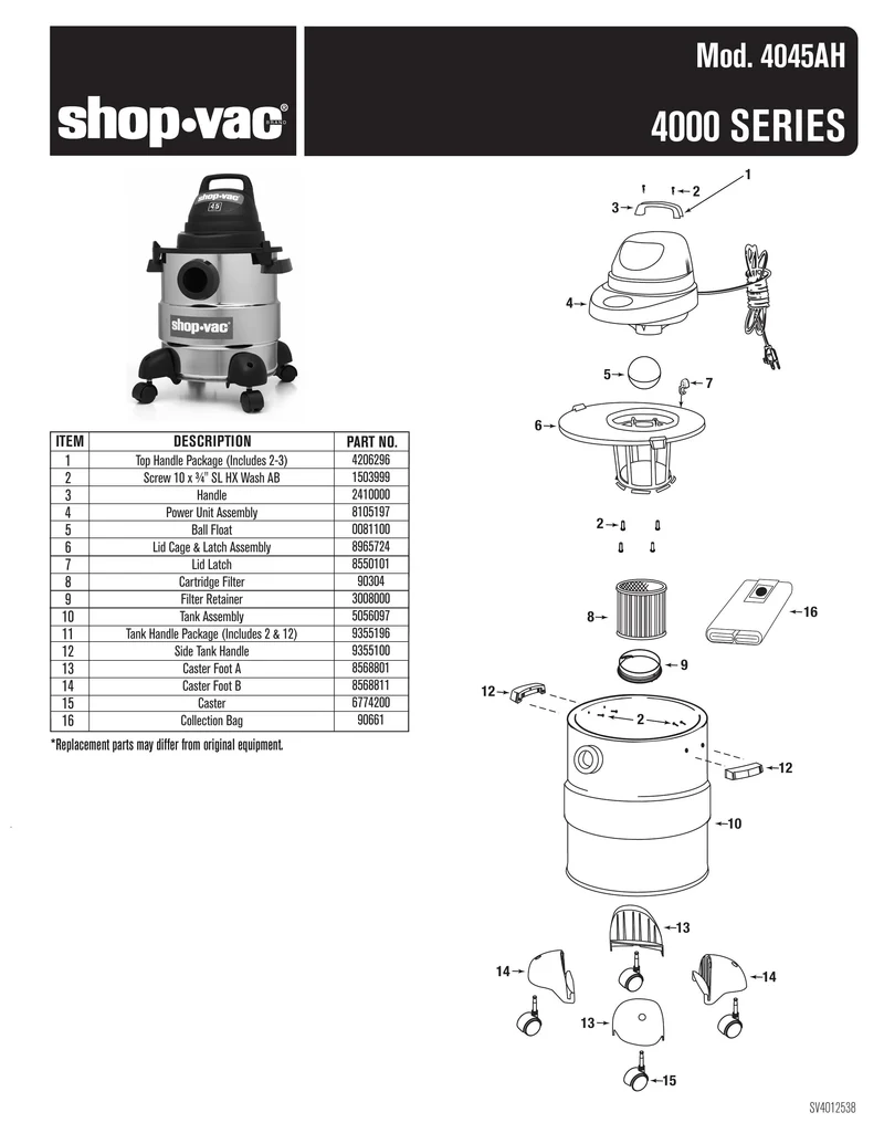 Shop-Vac Parts List for 4045AH Models (5 Gallon* Vac with Collection Bag)