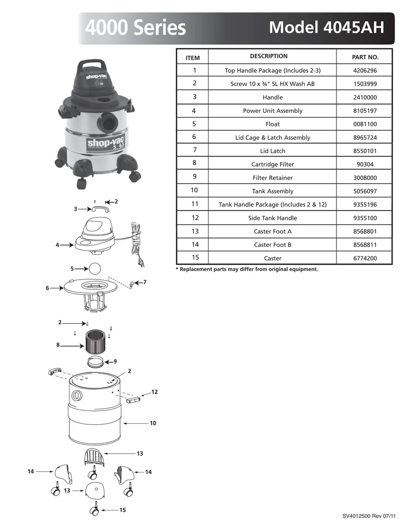 Shop-Vac Parts List for 4045AH Models (5 Gallon* Vac without Collection Bag)