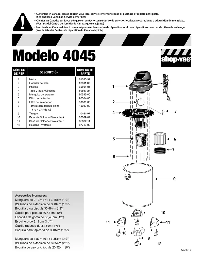 Shop-Vac Parts List for 4045 Models (6 Gallon* Yellow / Black Metal Industrial Vac)
