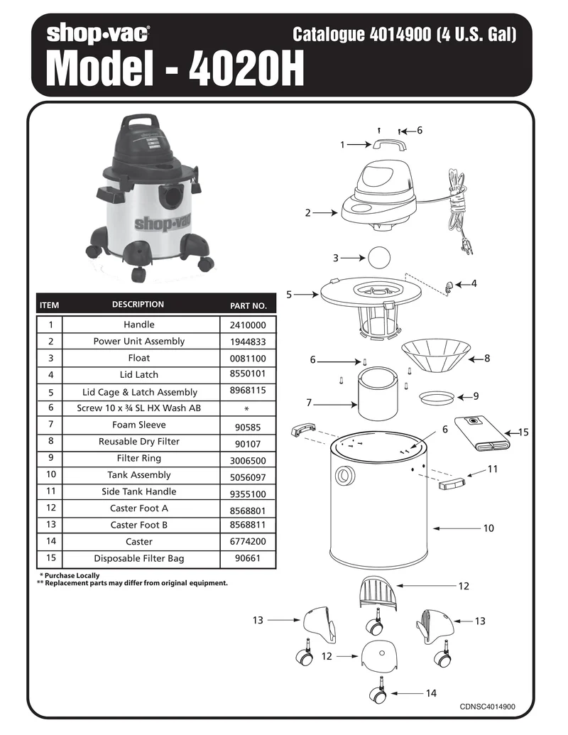 Shop-Vac Parts List for 4020H Models (4 Gallon* Black / Stainless Steel Vac)