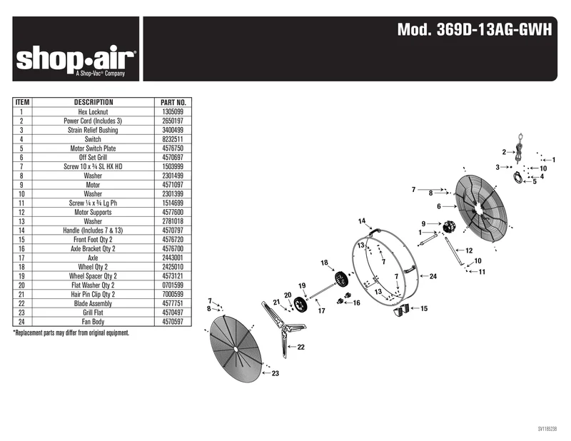Shop-Vac Parts List for 369D-13AG- Models (Shop-Air 36 Inch Direct Drive Galvanized Slim Line Drum Fan)