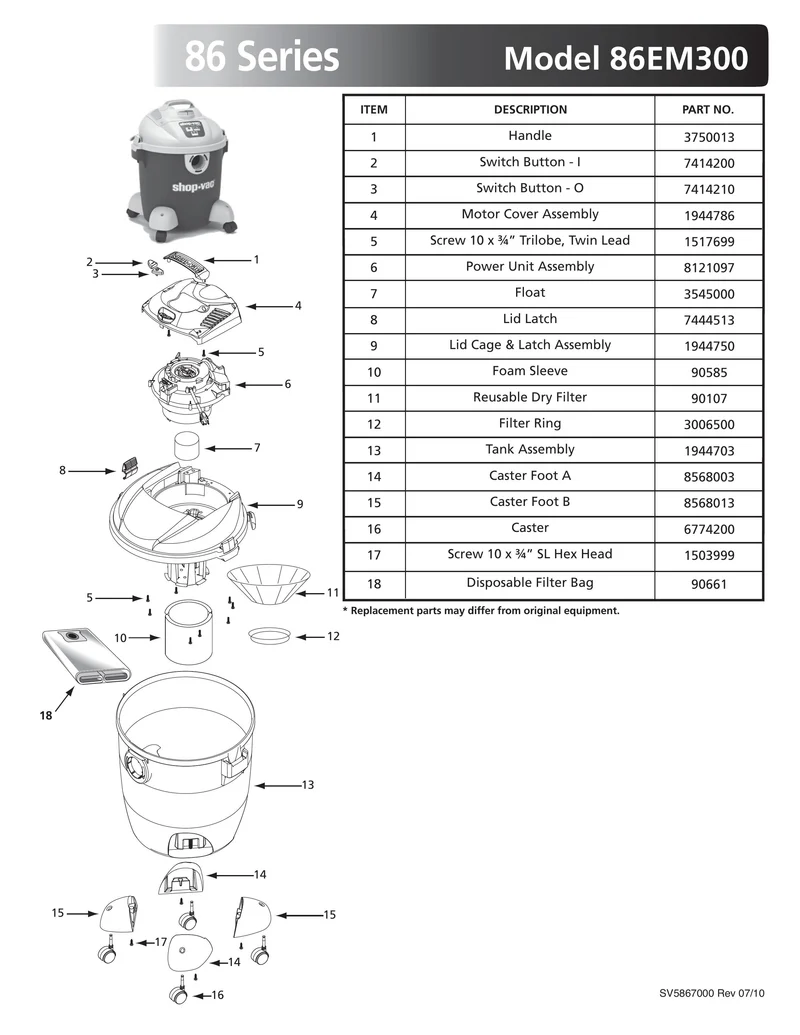 Shop-Vac Parts List for 86EM300 Models (8 Gallon* Green / Gray Vac)