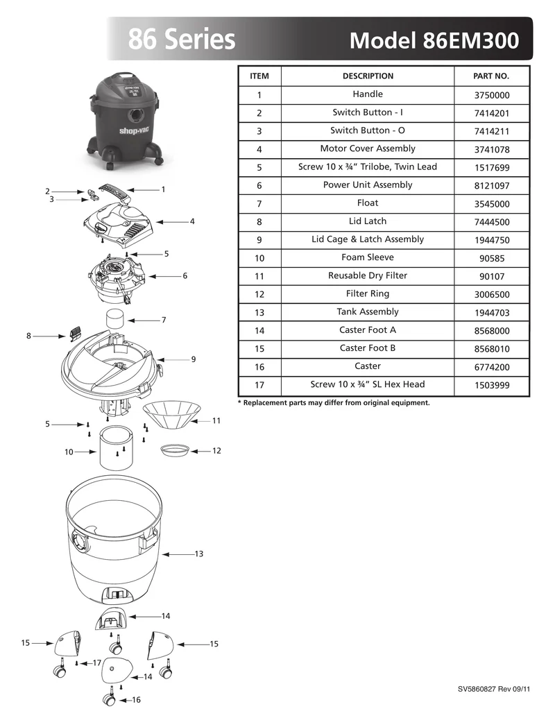 Shop-Vac Parts List for 86EM300 Models (8 Gallon* Red / Black Vac)
