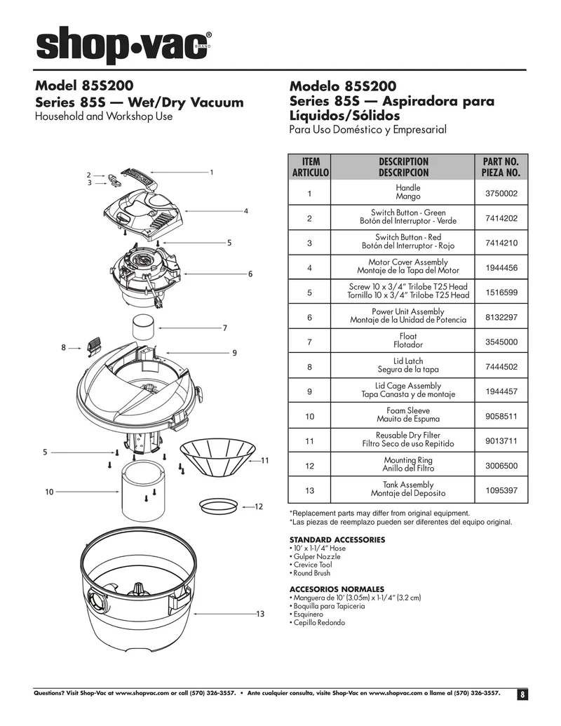 Shop-Vac Parts List for 85S200 Models (4 Gallon* Blue / Gray Vac)