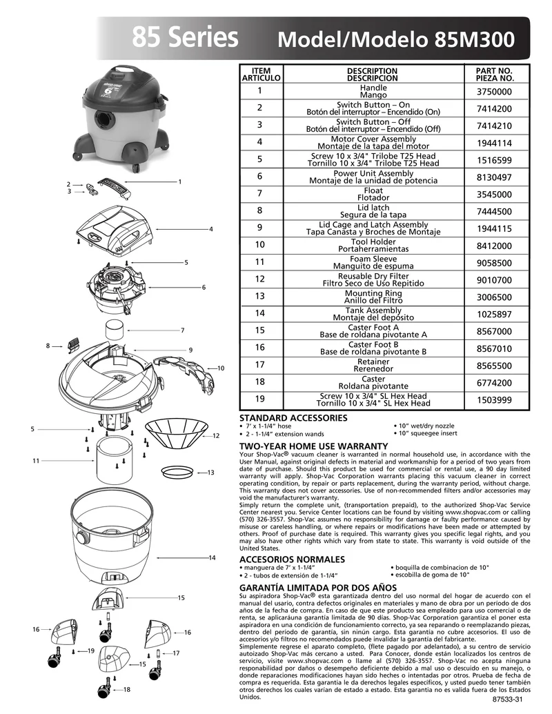 Shop-Vac Parts List for 85M300 Models (6 Gallon* Gray / Black Vac)
