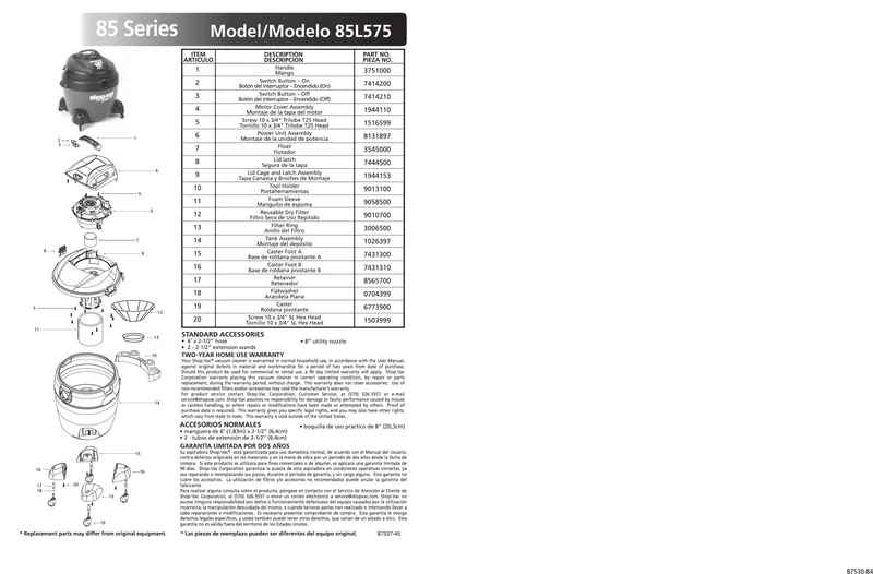 Shop-Vac Parts List for 85L575 Models (16 Gallon* Gray / Black Vac)