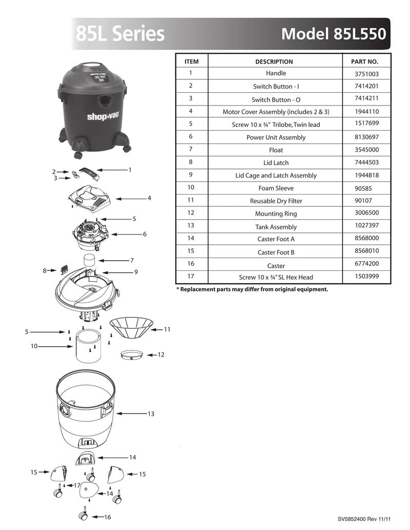 Shop-Vac Parts List for 85L550 Models (12 Gallon* Black / Red Vac)