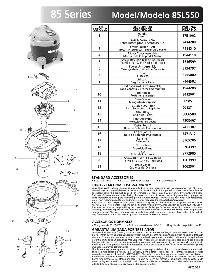 Shop-Vac Parts List for 85L550 Models (16 Gallon* Blue / Gray Vac)