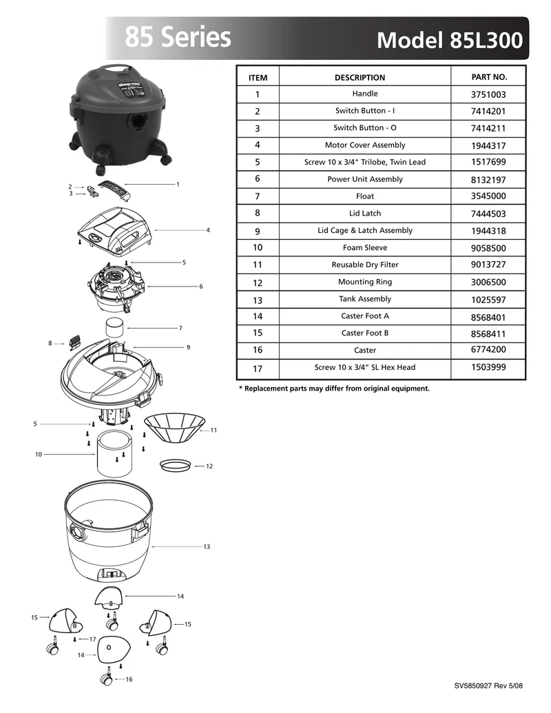 Shop-Vac Parts List for 85L300 Models (8 Gallon* Black / Red Vac)