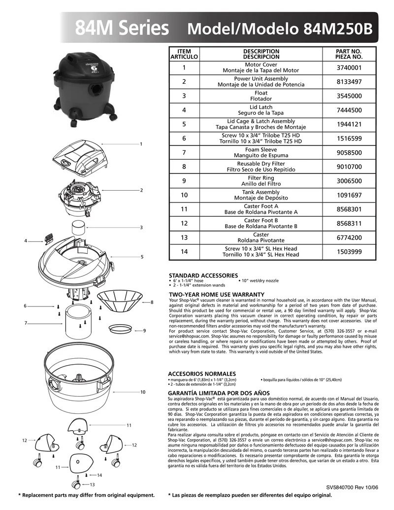 Shop-Vac Parts List for 84M250B Models (6 Gallon* Black / Red Vac w/Four Caster Feet & Casters)