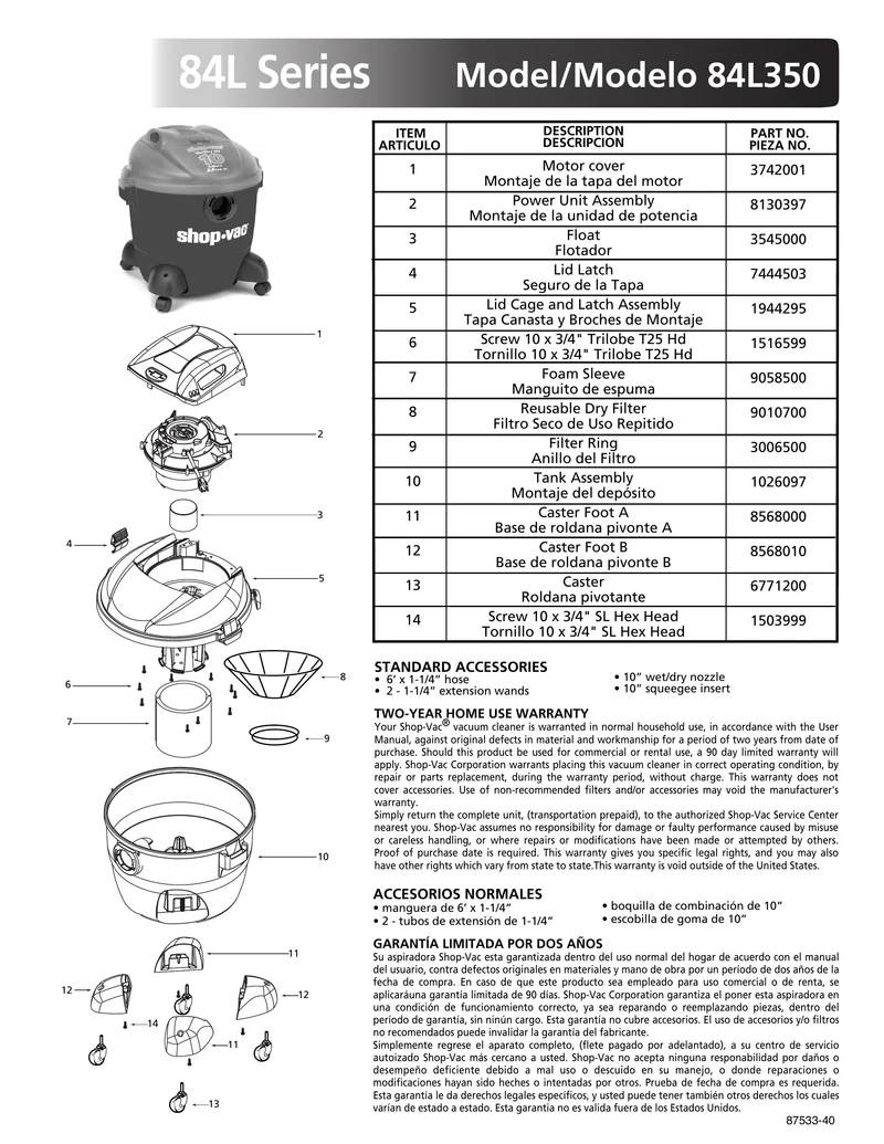 Shop-Vac Parts List for 84L350 Models (10 Gallon* Red / Black Vac w/ Casters)