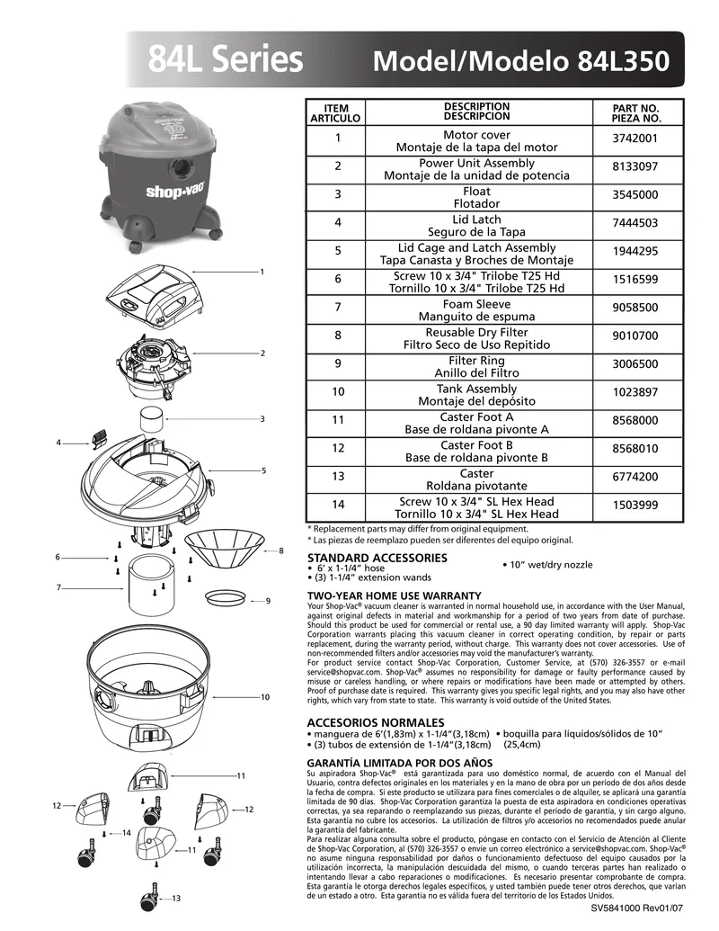 Shop-Vac Parts List for 84L350 Models (10 Gallon* Red / Black Vac w/ Dual Hooded Casters)