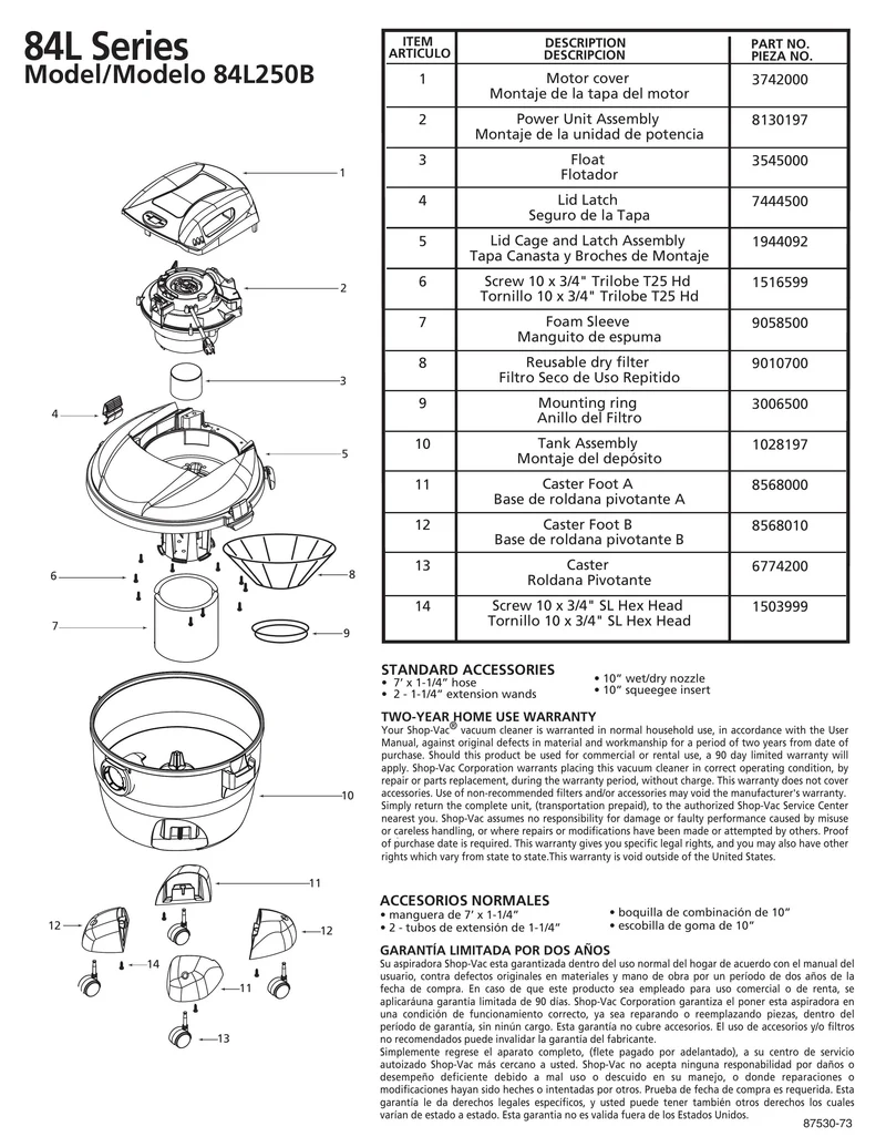 Shop-Vac Parts List for 84L250B Models (8 Gallon* Red / Black Vac)