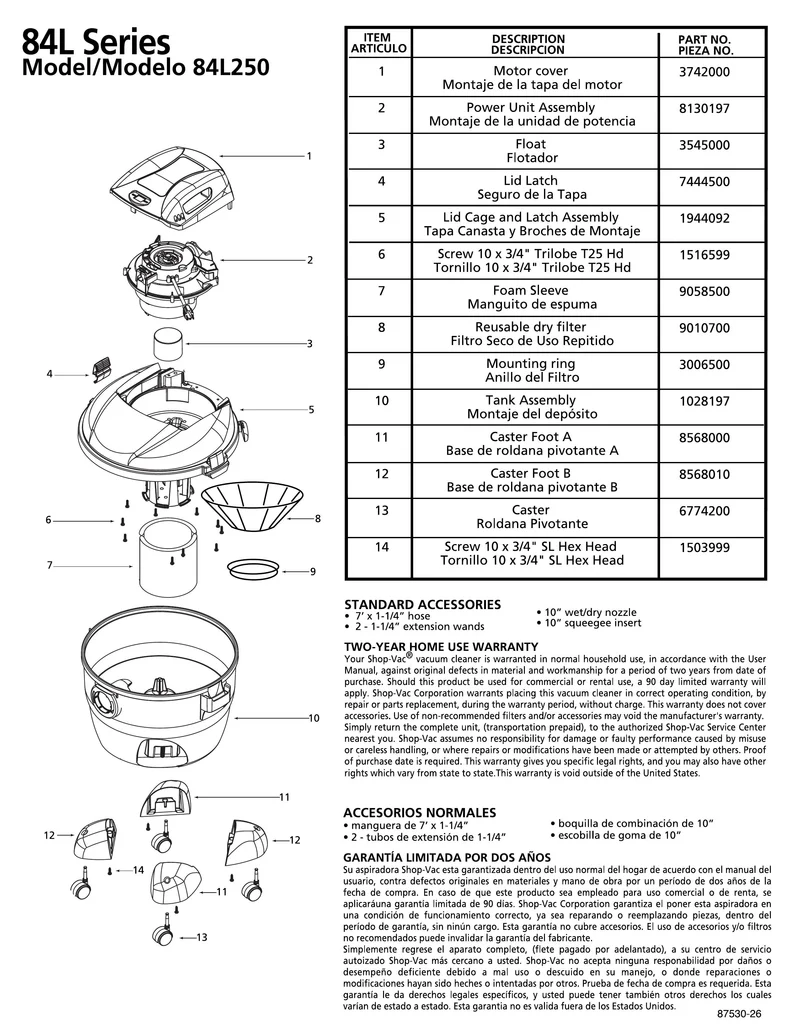 Shop-Vac Parts List for 84L250 Models (8 Gallon* Red / Black Vac w/ Four Caster Feet & Casters)