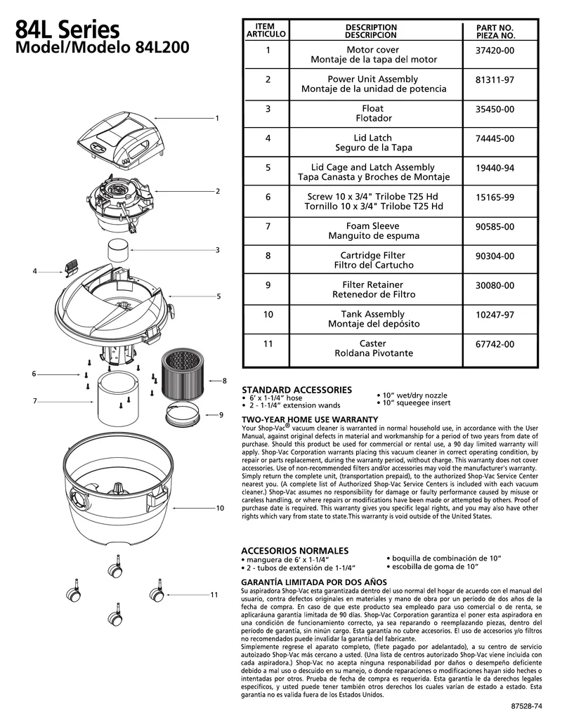 Shop-Vac Parts List for 84L200 Models (8 Gallon* Burgundy / Black Vac)