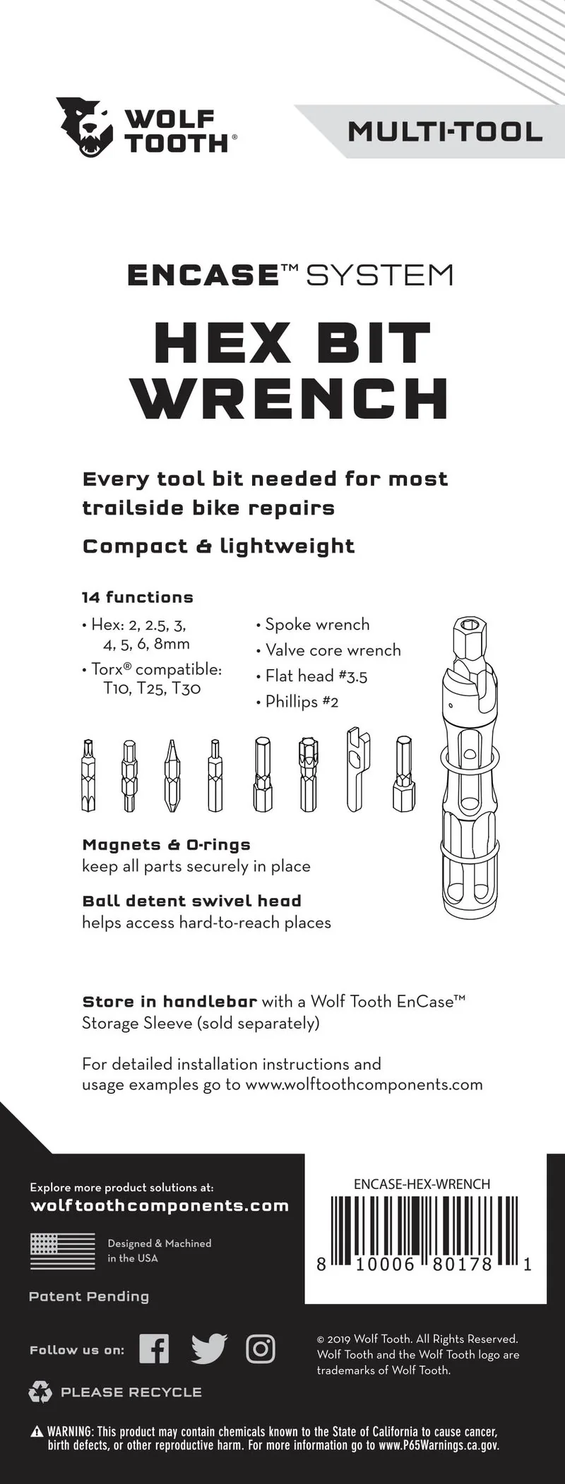 Multitool Wolf Tooth EnCase System Hex Bit Wrench