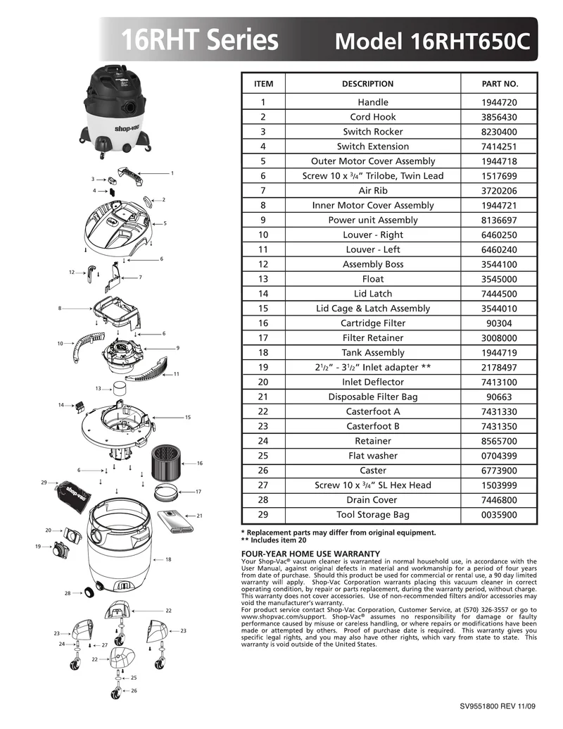 Shop-Vac Parts List for 16RHT650C Models (18 Gallon* Yellow / Black Vac)