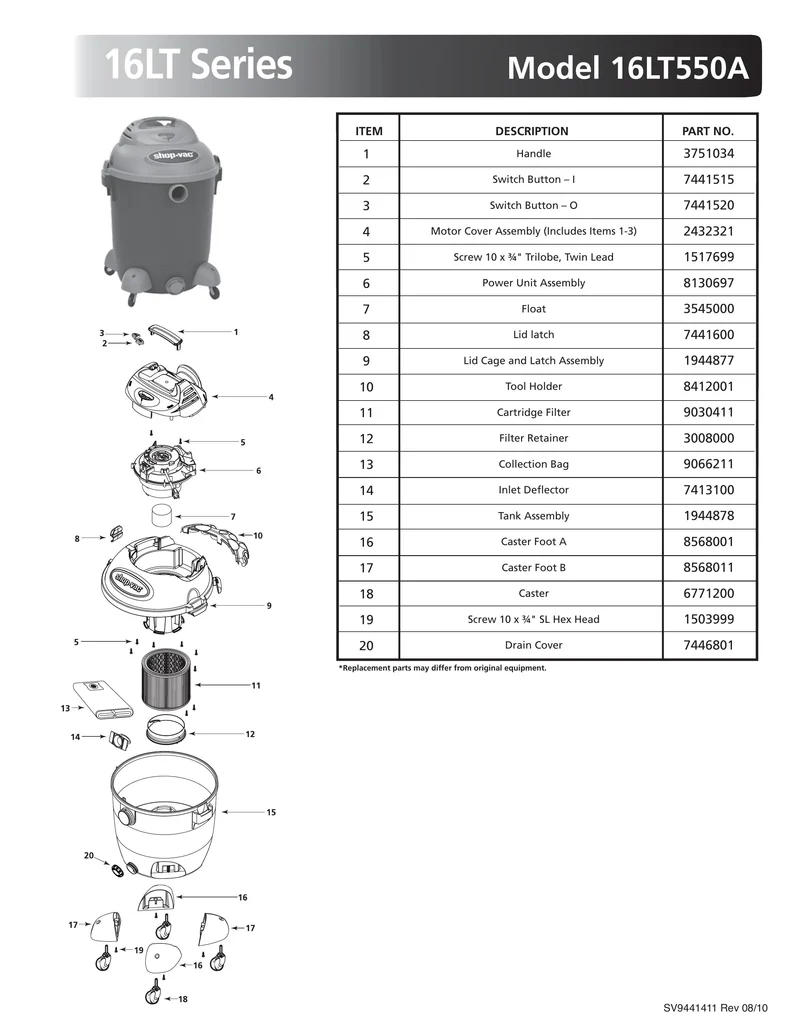 Shop-Vac Parts List for 16LT550A Models (14 Gallon* Blue / Gray Vac)