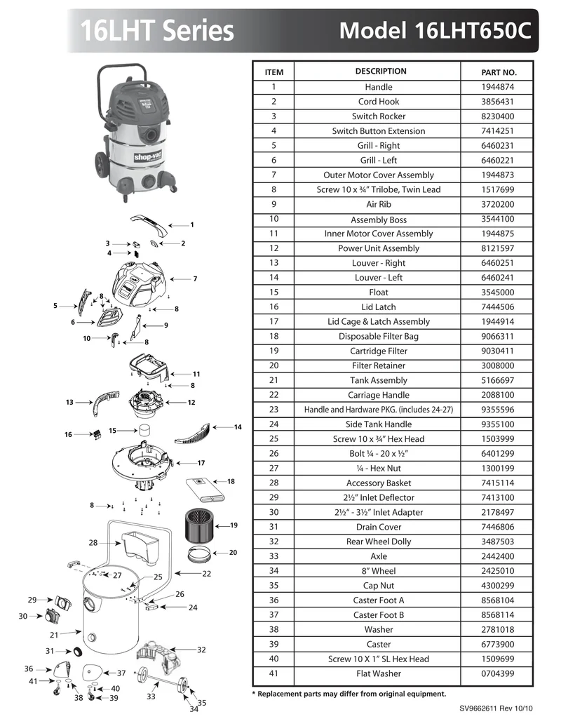 Shop-Vac Parts List for 16LHT650C Models (16 Gallon* Stainless Steel)