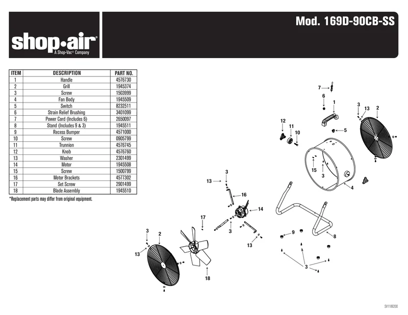 Shop-Vac Parts List for 169D-90CB- Models (Shop-Air 16 inch Direct Drive Stainless Steel Floor Fan)