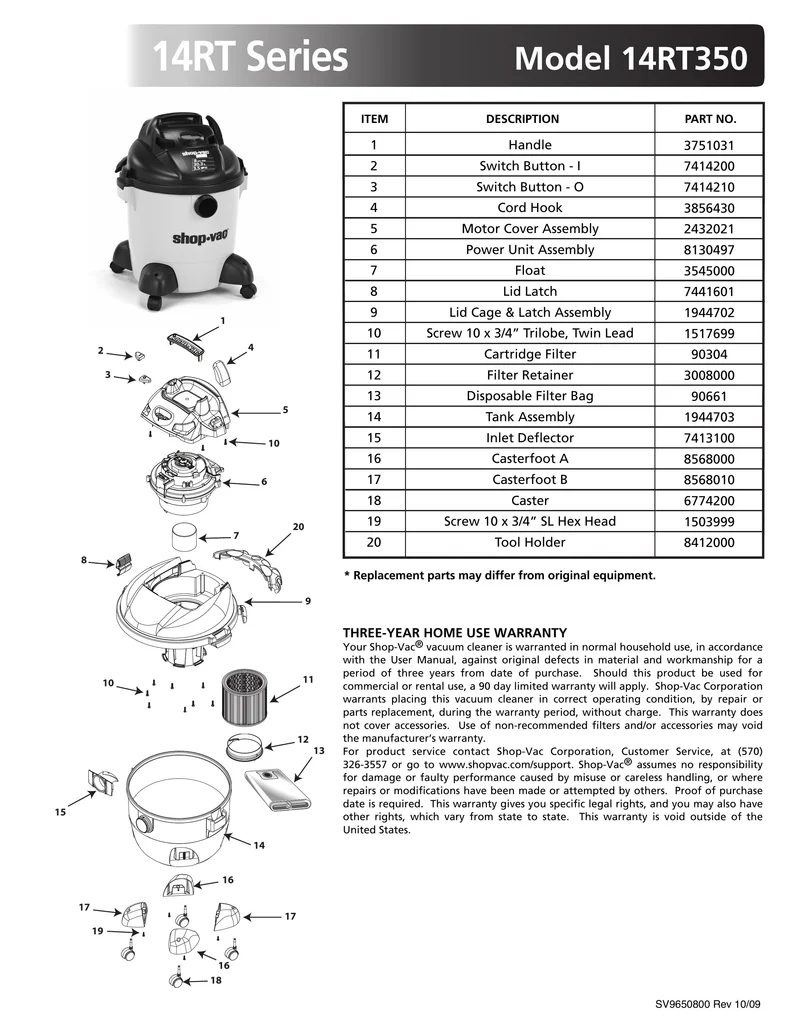 Shop-Vac Parts List for 14RT350 Models (8 Gallon* Yellow / Black Vac)