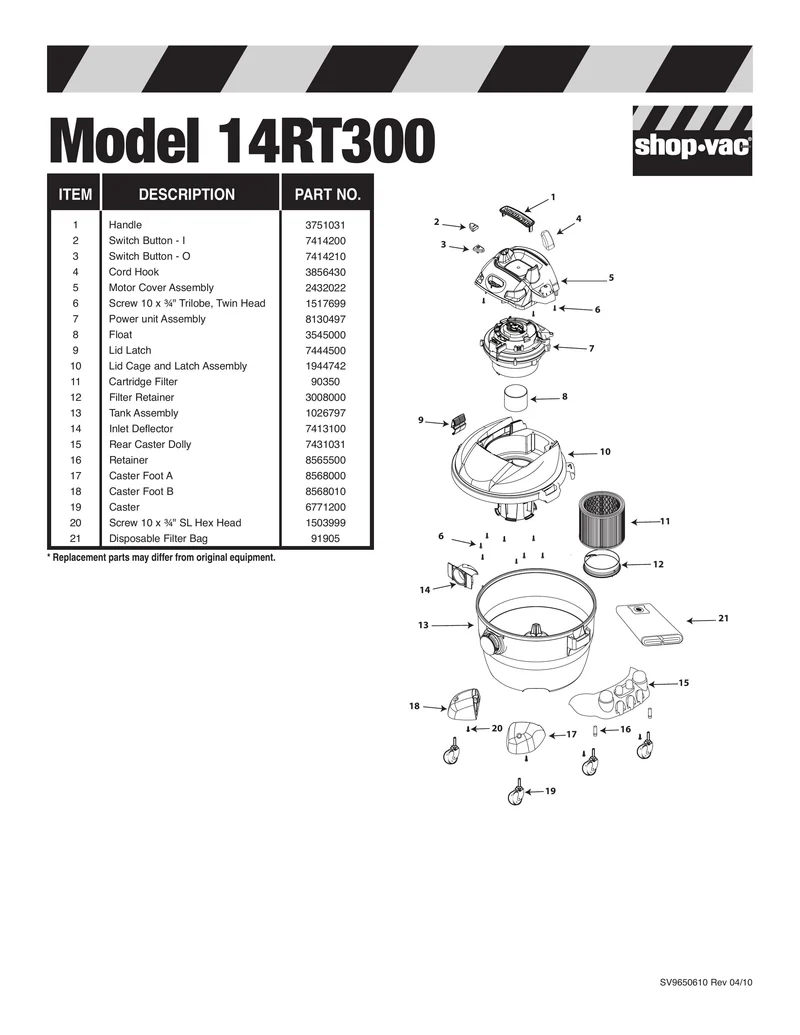 Shop-Vac Parts List for 14RT300 Models (6 Gallon* Yellow / Black Industrial Vac)