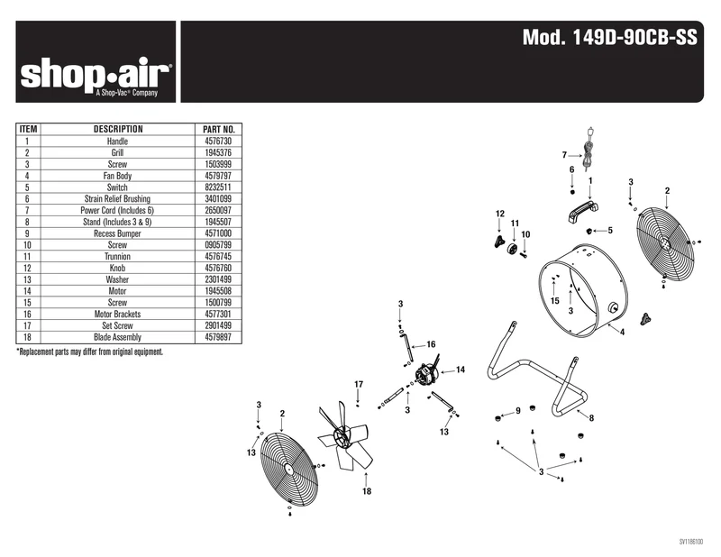 Shop-Vac Parts List for 149D-90CB- Models (Shop-Air 14 inch Direct Drive Stainless Steel Floor Fan)