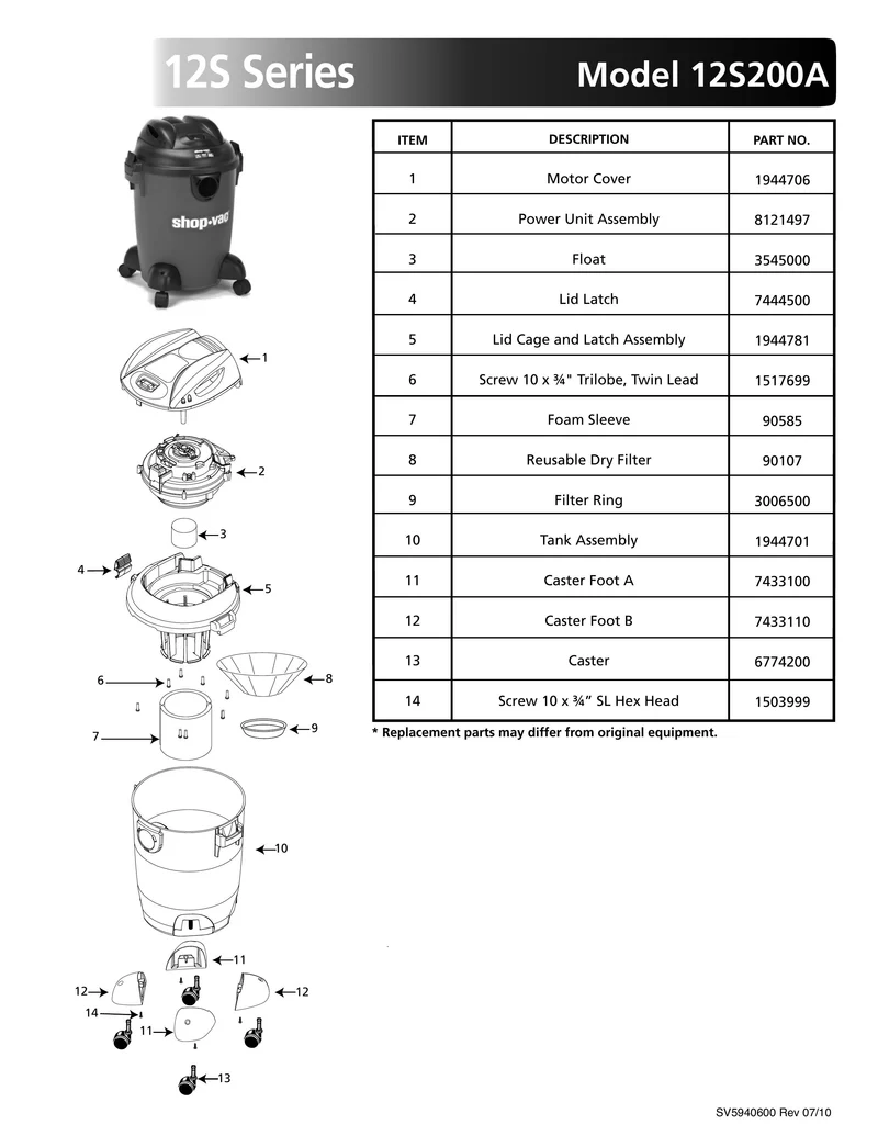 Shop-Vac Parts List for 12S200A Models (6 Gallon* Red / Black Vac)