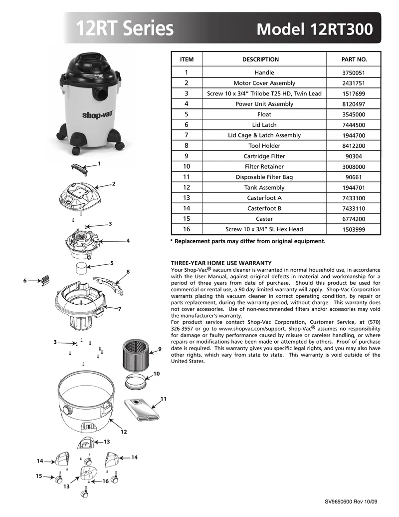 Shop-Vac Parts List for 12RT300 Models (6 Gallon* Yellow / Black Vac)