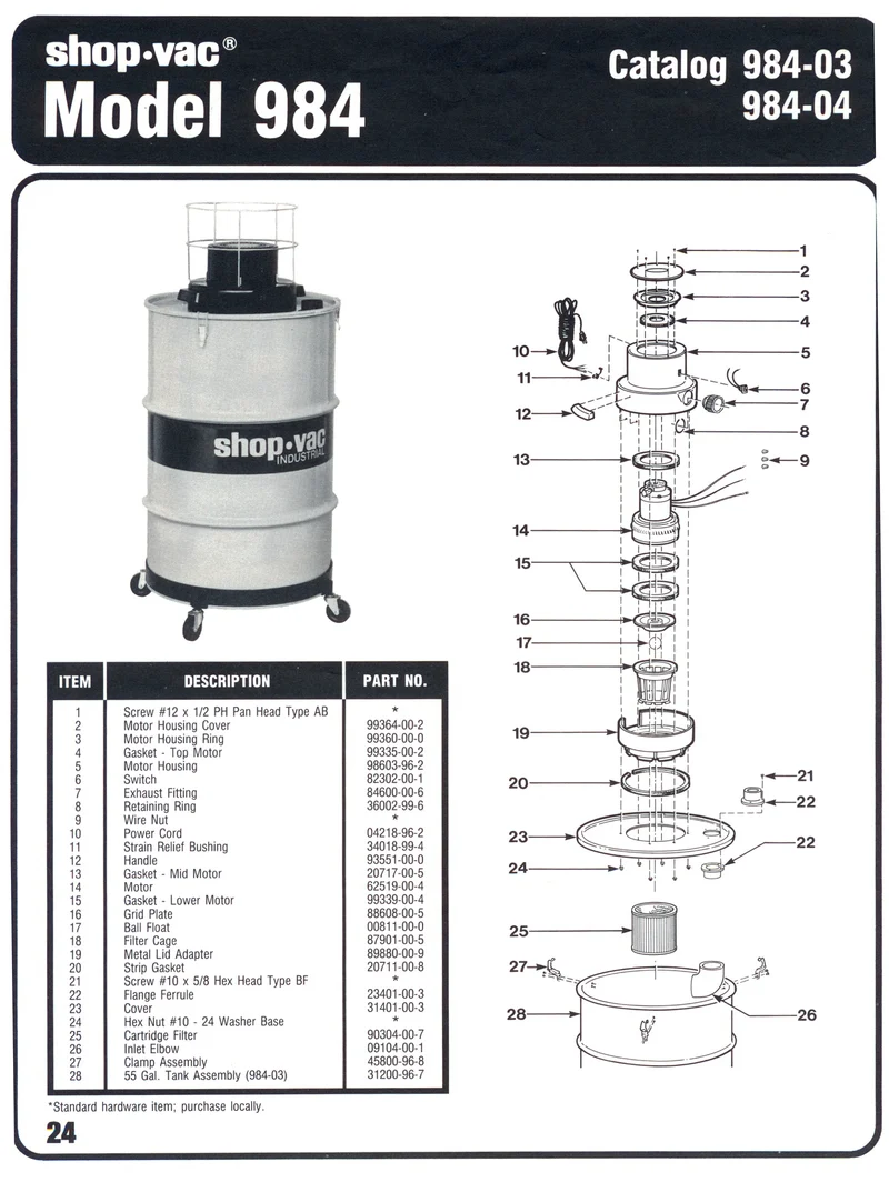 Shop-Vac Parts List for 984 Models (55 Gallon* Black / Yellow Industrial Drum Vac)