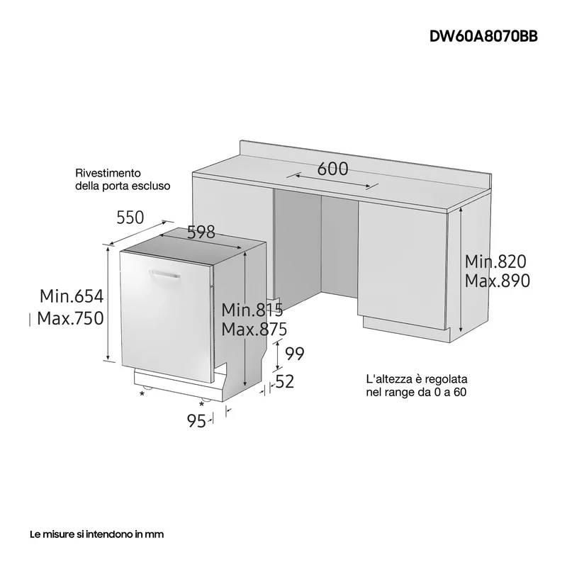 Lavastoviglie Da Incasso a Scomparsa Totale Samsung DW60A8070BB Serie 8500 14 Coperti Classe B