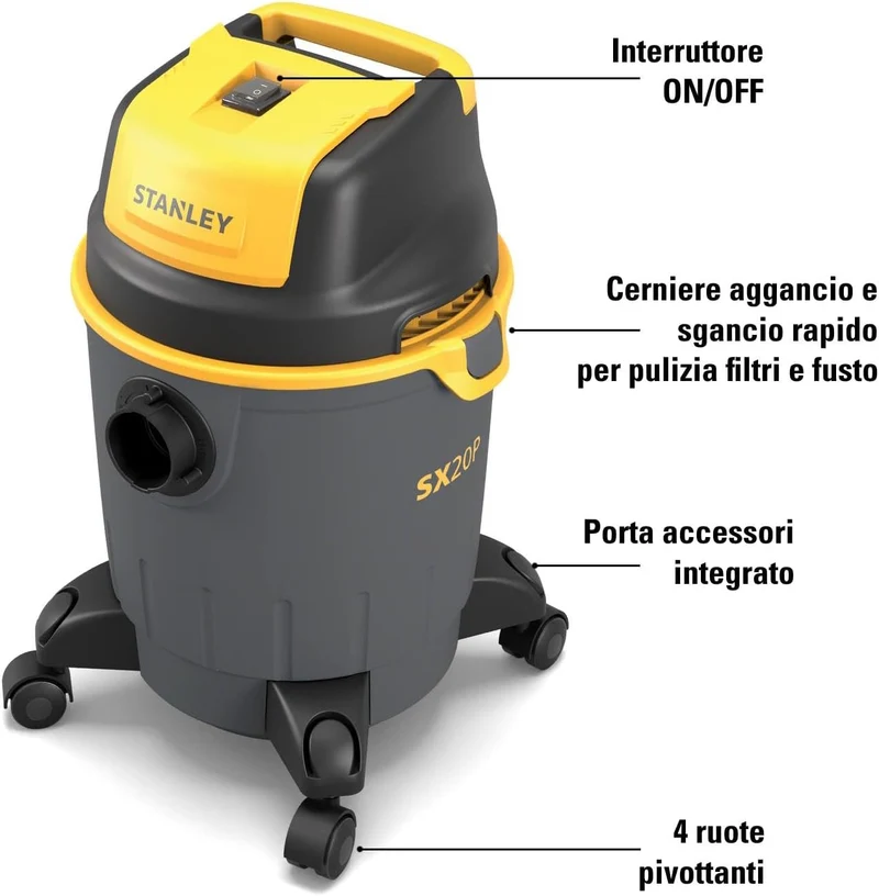 STANLEY Aspiratore Solidi e Liquidi Modello SXVC20PE 1,2 kW Da 20L