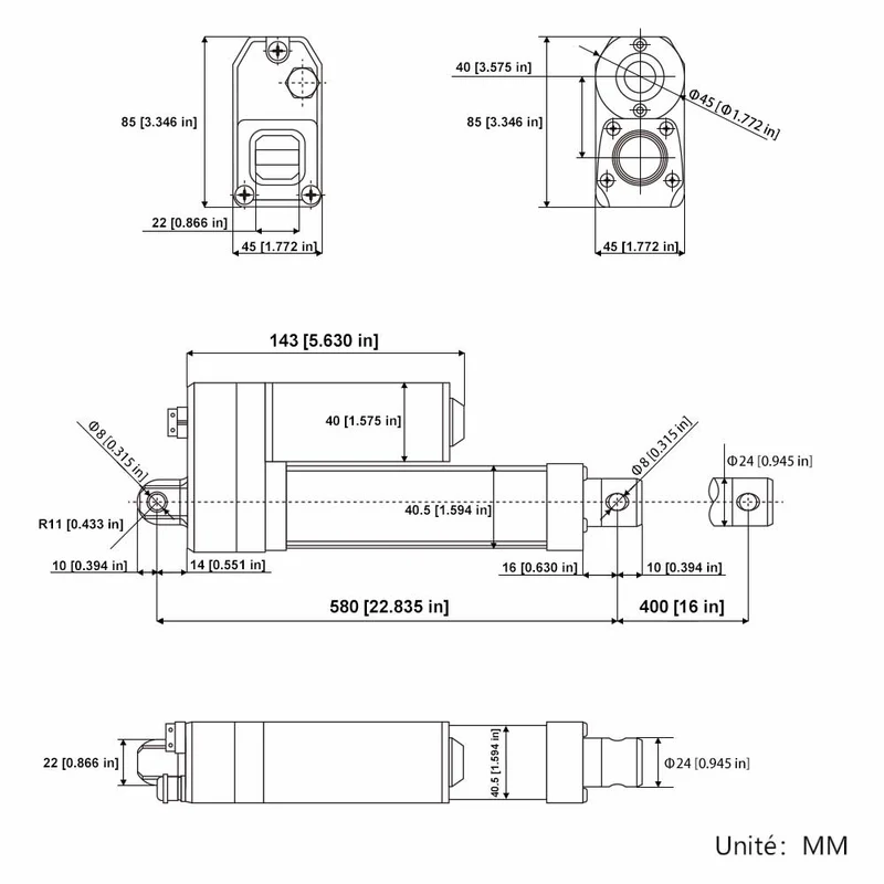 Vérin électrique étanche IP67 12V 24V 350kg course 400 mm (Modèle: 0041940)