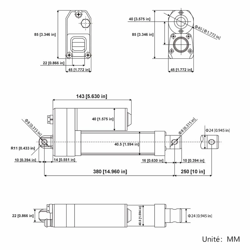 Vérin électrique étanche IP67 12V 24V 350kg course 250 mm (Modèle: 0041937)