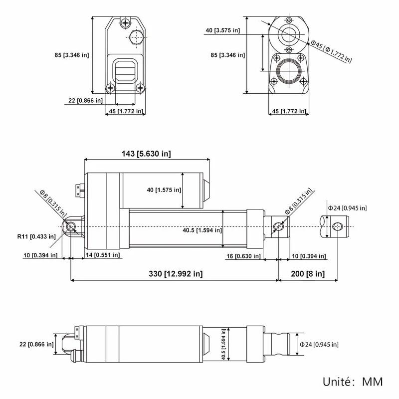 Vérin électrique étanche IP67 12V 24V 350kg course 200 mm (Modèle: 0041936)