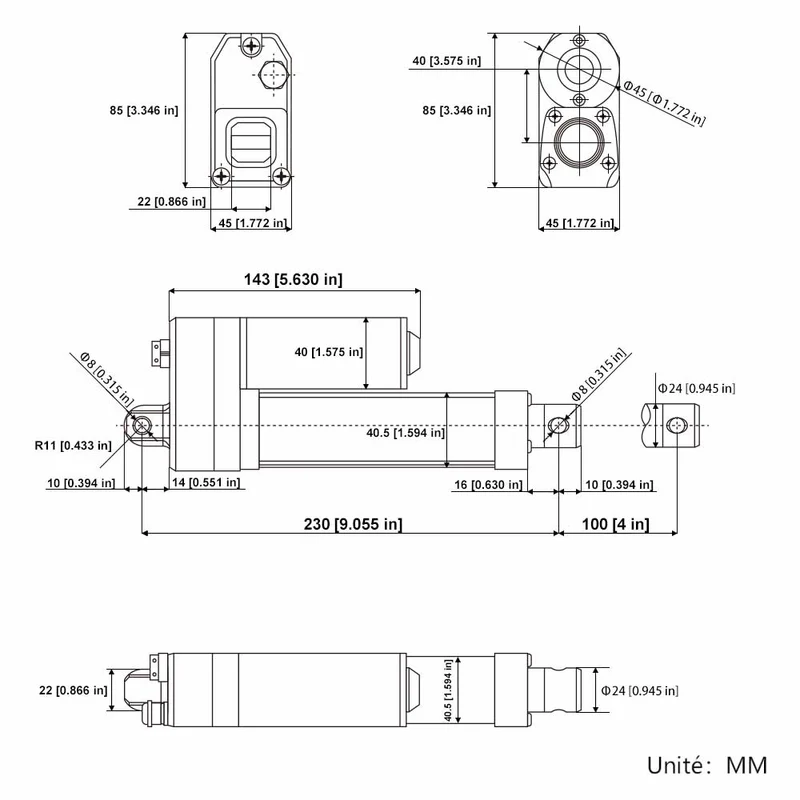 Vérin électrique étanche IP67 12V 24V 350kg course 100 mm (Modèle: 0041934)
