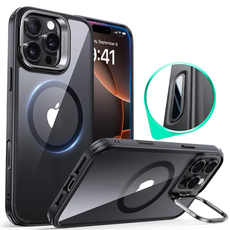 iPhone 16 Pro Max Classic Hybrid Magnetic Case (Camera Control, Stash Stand) - Clear Black