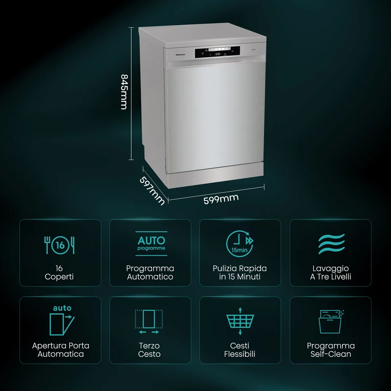 Lavastoviglie Libera Installazione Hisense HS643D90X 16 Coperti Classe D