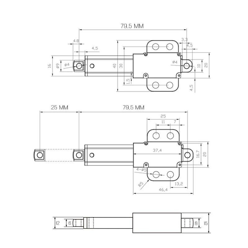 Micro vérin électrique 6V 12V 24V 188N course 25 mm (Modèle: 0041744)