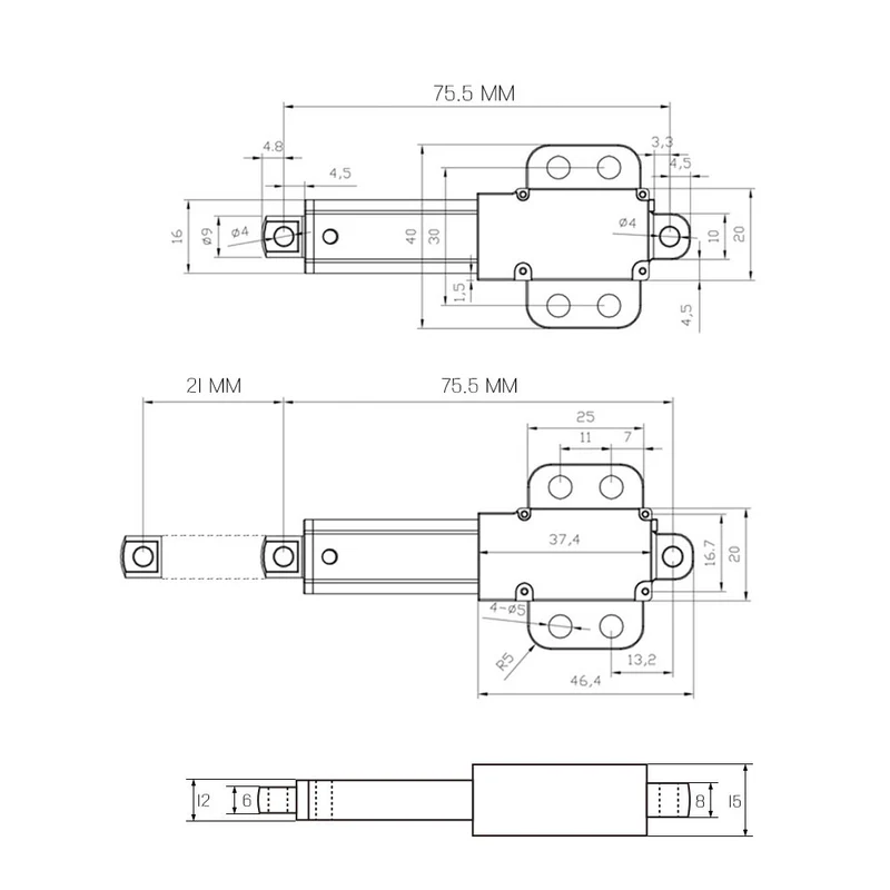 Micro vérin électrique 6V 12V 24V 188N course 21 mm (Modèle: 0041743)