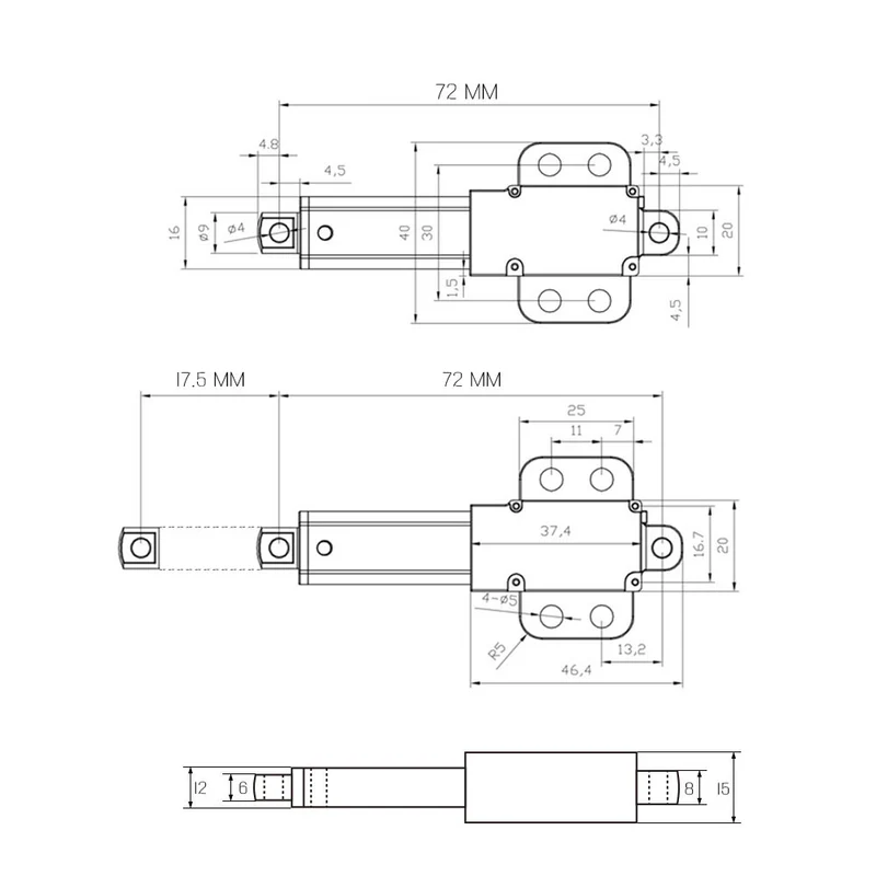 Micro vérin électrique 6V 12V 24V 188N course 17.5 mm (Modèle: 0041742)