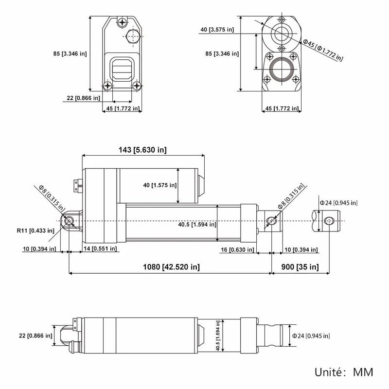Vérin électrique étanche IP67 12V 24V 350kg course 900 mm (Modèle: 0041946)