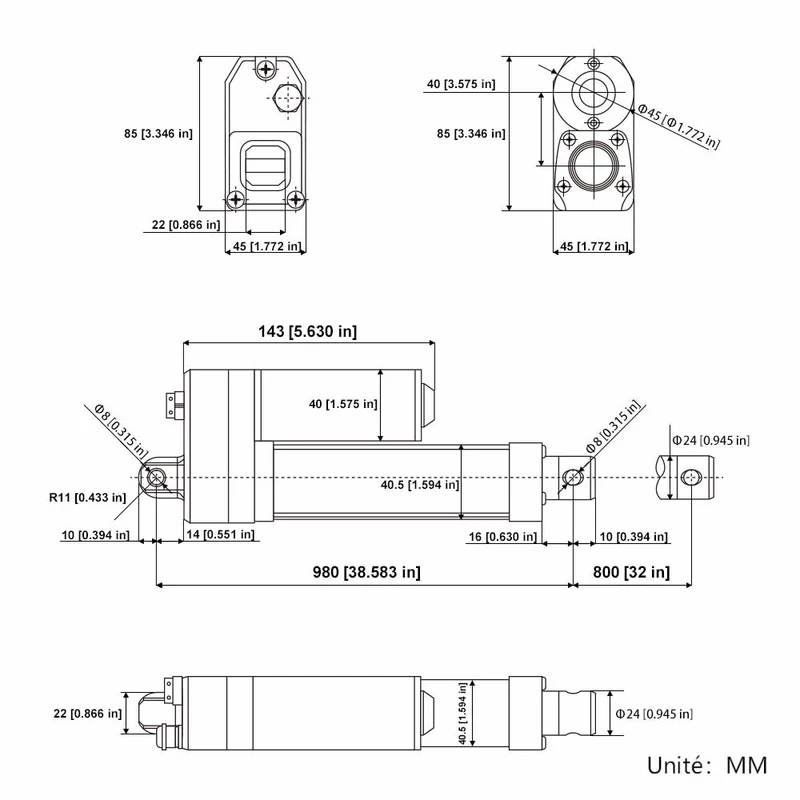Vérin électrique étanche IP67 12V 24V 350kg course 800 mm (Modèle: 0041945)