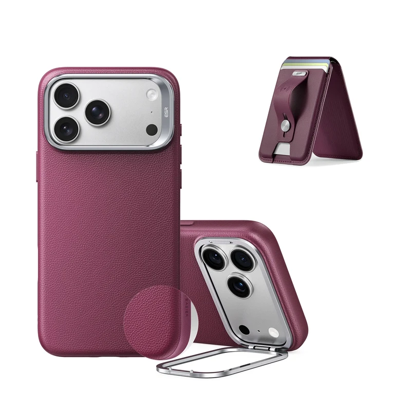 iPhone 18 Pro Max Atelier Silicone Leather Magnetic Case with Camera Control and Flex Stand, Plus Geo Wallet Stand Bundle - Deep Burgundy