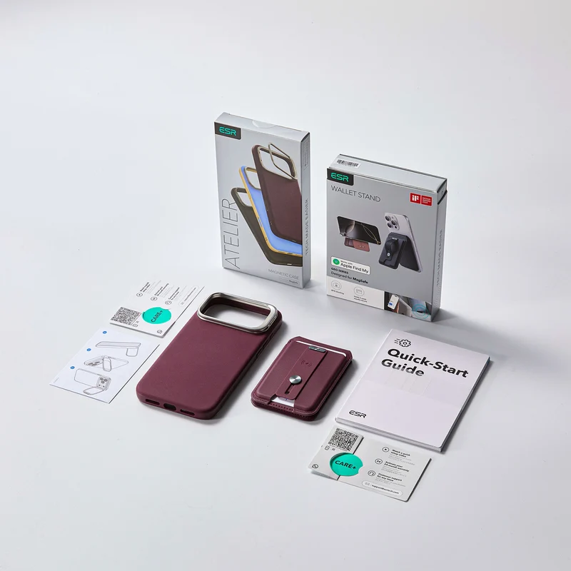 iPhone 18 Pro Max Atelier Silicone Leather Magnetic Case with Camera Control and Flex Stand, Plus Geo Wallet Stand Bundle - Deep Burgundy